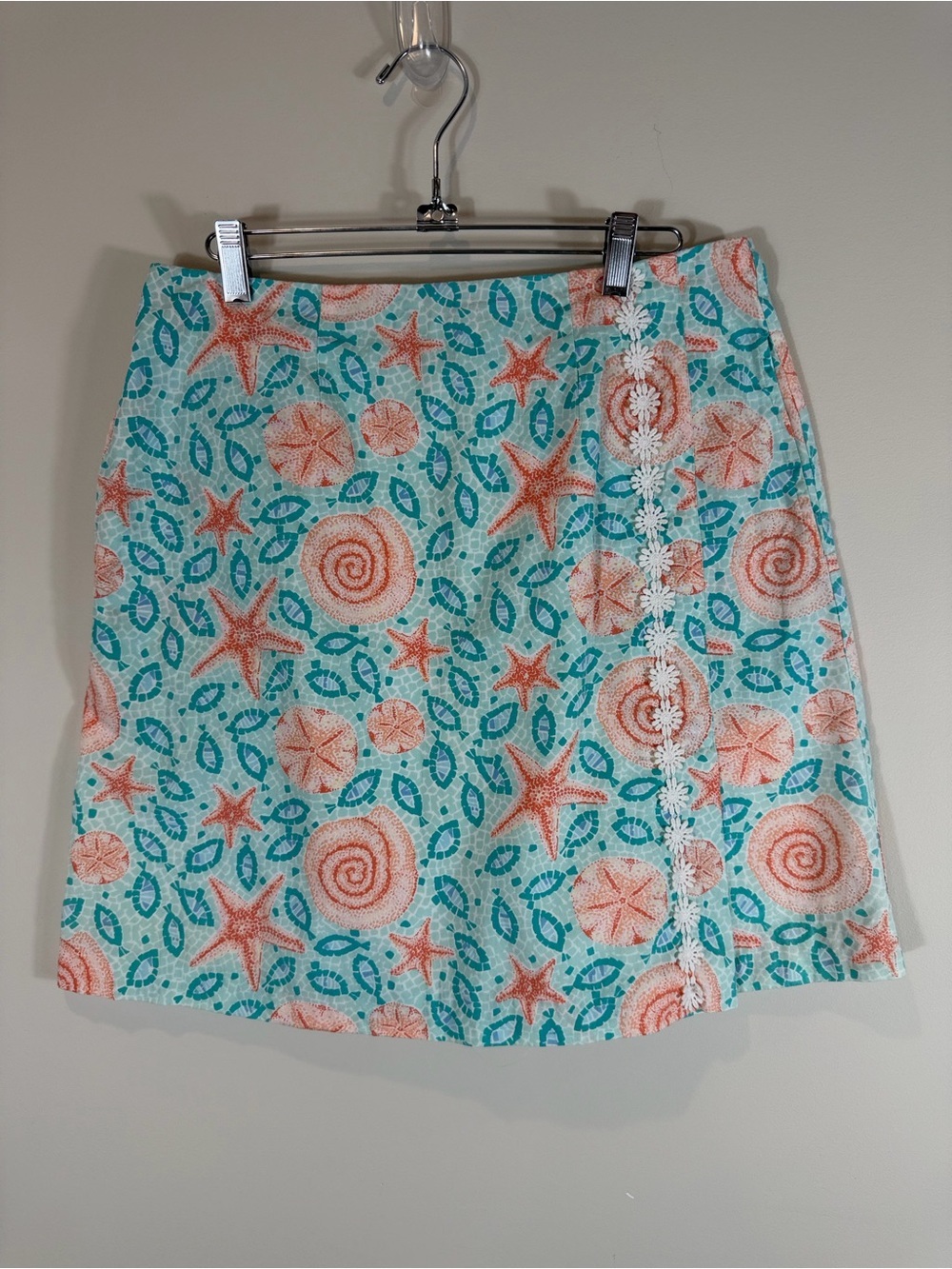 Lilly Pulitzer Aqua & Coral Seashell Mini Skirt Size 8